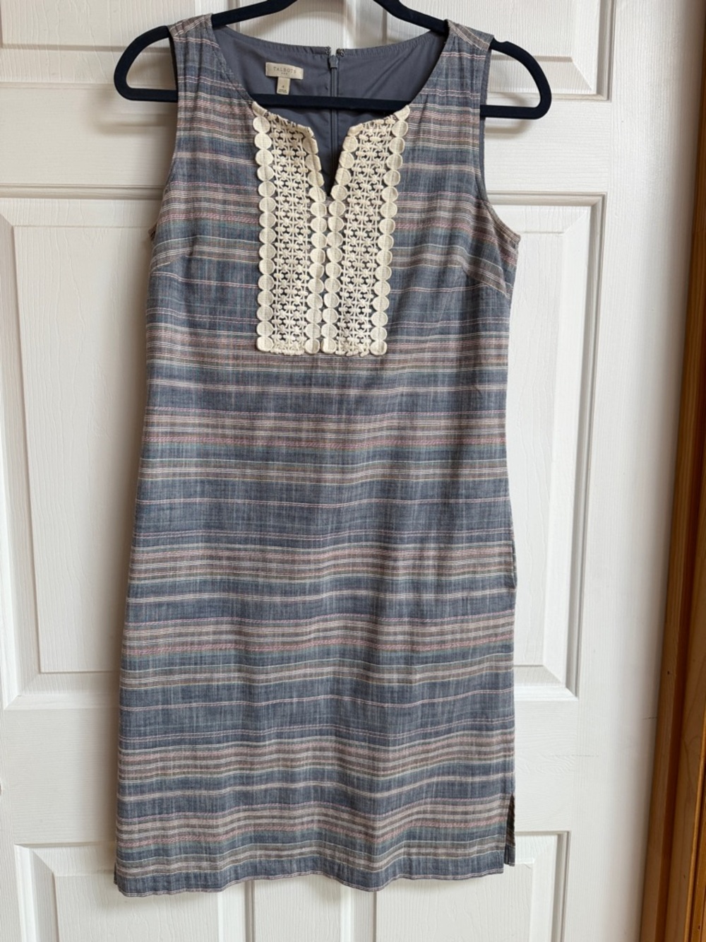 Talbots Striped Sleeveless Shift Dress with Crochet Bib - Blue & Pink